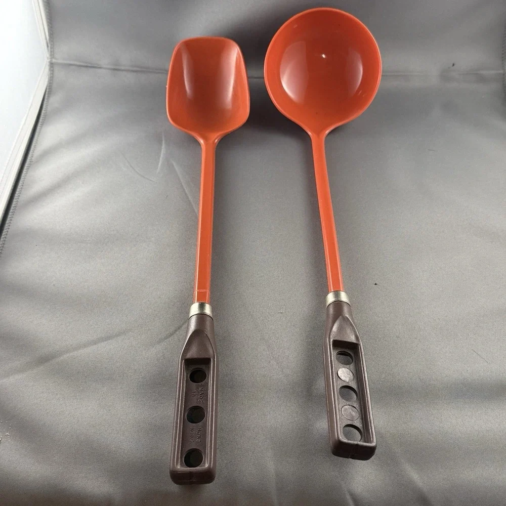 Vintage Hong Kong Orange Melamine Ladle & Spoon Set Retro‎ Brown Handles MCM
